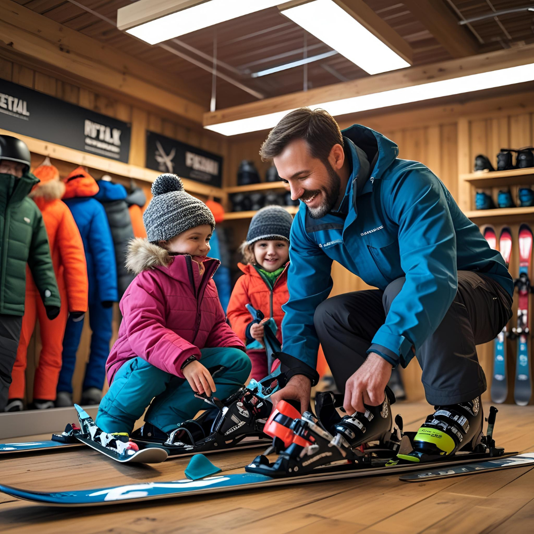 Skis being fitted at a rental shop